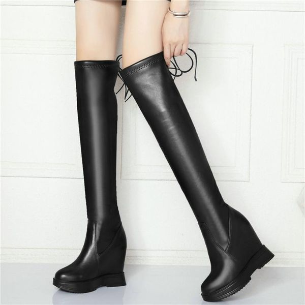 

boots 2021 sneakers women genuine leather wedges high heel over the knee military female stretchy thigh pumps shoes, Black