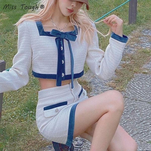 

work dresses autumn kawaii two piece set women korean fashion patchwork party mini skirt suit female long sleeve bow designer 2021, White;black