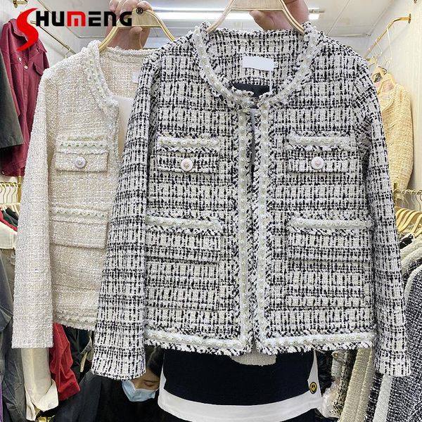 

women's jackets 2021 autumn winter women tweed loose wool coat vintage harajuku o-neck long sleeve beaded single breasted coats outwear, Black;brown