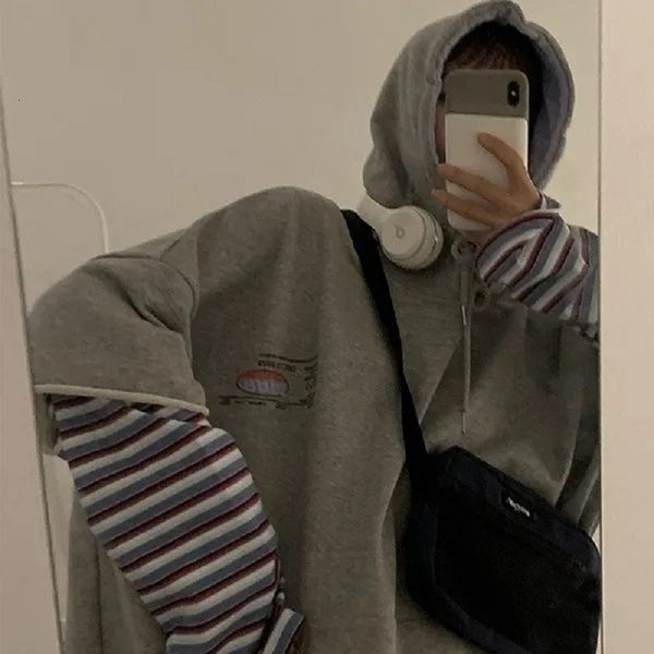 

women's jackets deeptown kawaii stripe women's sweatshirt korean style streetwear oversized fake two pieces of cotton long sleeve, Black;brown