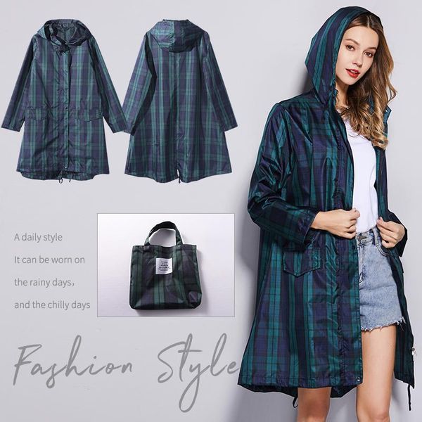

raincoats womens fastion green plaid long raincoat waterproof rain jacket coat hiking windbreaker