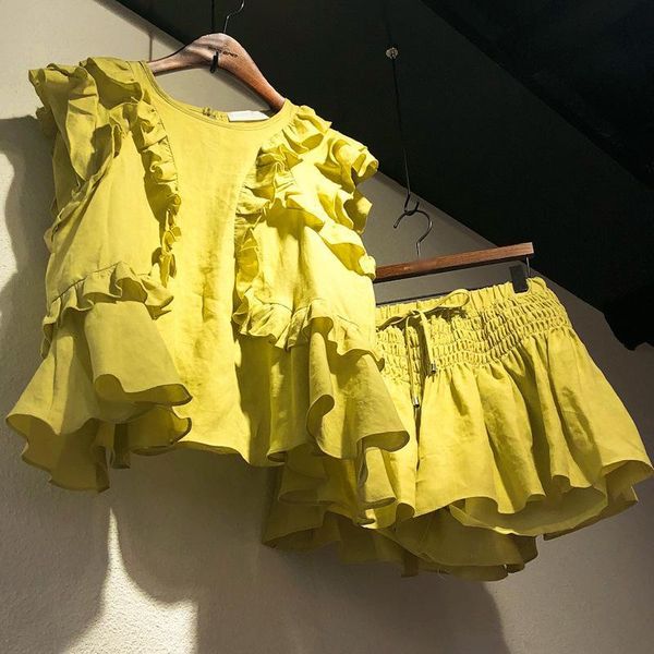 

summer korean style cotton short petal sleeve o neck ruffles t shirt yellow drawstring shorts women mf425 women's tracksuits, Gray