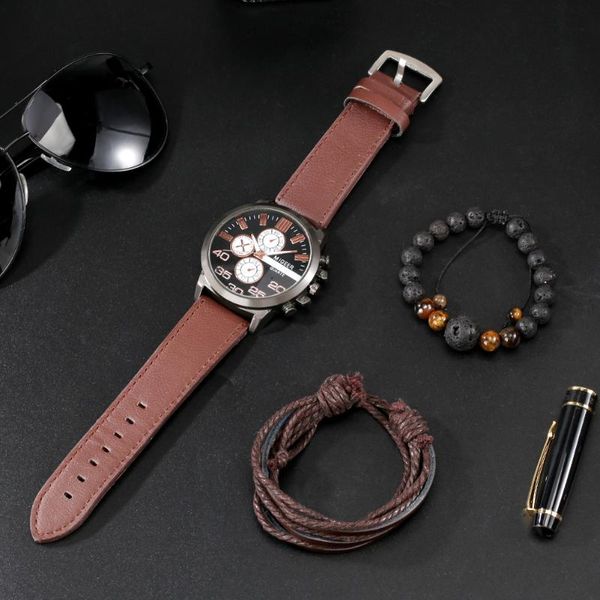 

wristwatches brand men watch bracelet set sports leather belt quartz original timepiece mengifts for, Slivery;brown