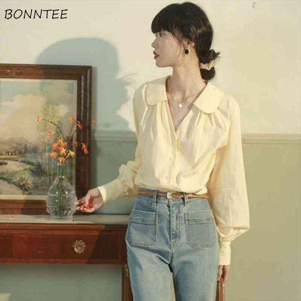 

shirts women vintage solid peter pan collar lantern sleeve french fashionable ladies blouses all-match loose ulzzang oversize, White