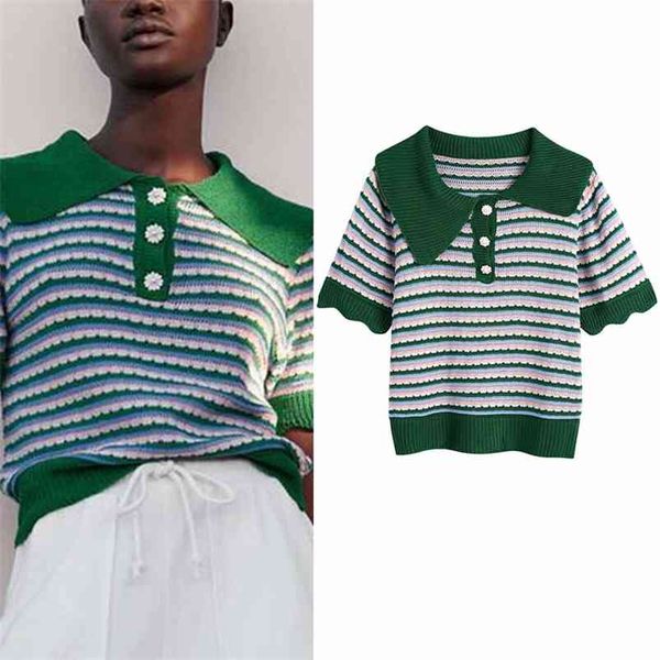 

summer women polo t-shirts striped za short sleeve knitting female fashion street tshirt tees clothes 210513, White