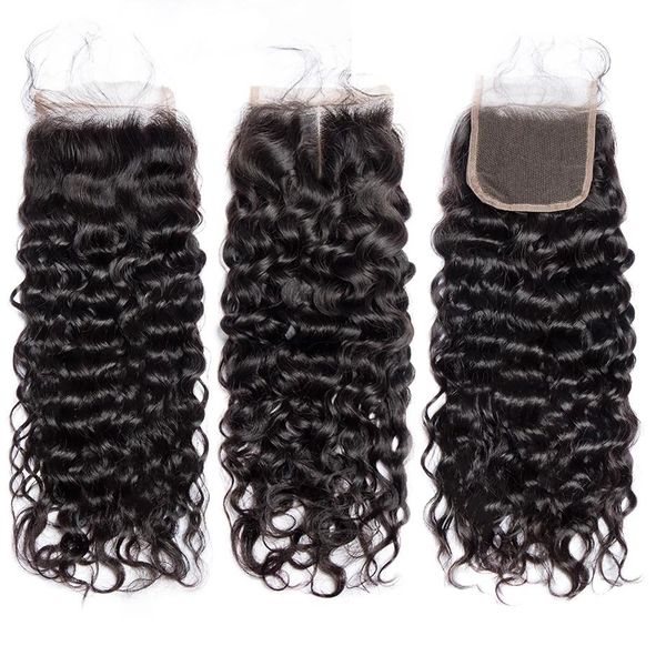 

water wave brazilian virgin human hair 4x4 lace closure natural color with baby hair part natural hairline closures bleached knots can be co, Black