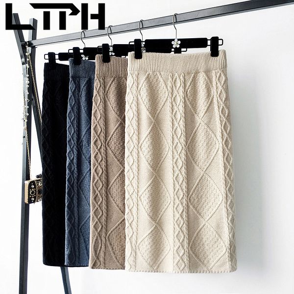 

vintage thick line twist knit women skirts high waist mid-length package hip skirt casual all-match feminine spring 210427, Black