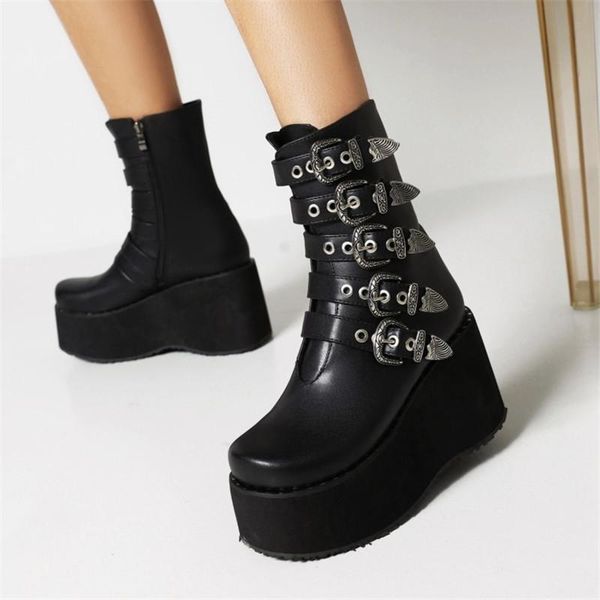

boots pxelena drop ship buckle wedge high heels motorcycle biker combat ankle women platform punk rock gothic creepers 35-48, Black