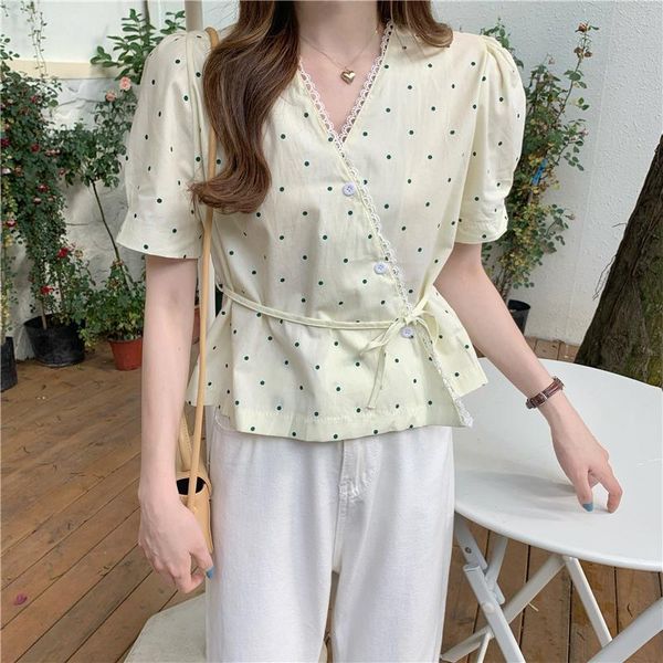 

women's blouses & shirts qoerlin korean v-neck irregular polka dot lace hollow out bandageg buttons women fashion loose casual blouse, White