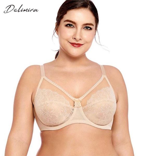 

delimira women's sheer lace unlined full cup underwire bra full figure plus size bra 210623, Red;black