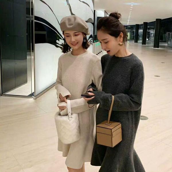 

wavsiyier womens dresses thick knitted pollover jumper casual winter autumn warm woman korean style sweater dress women loose, Black;gray