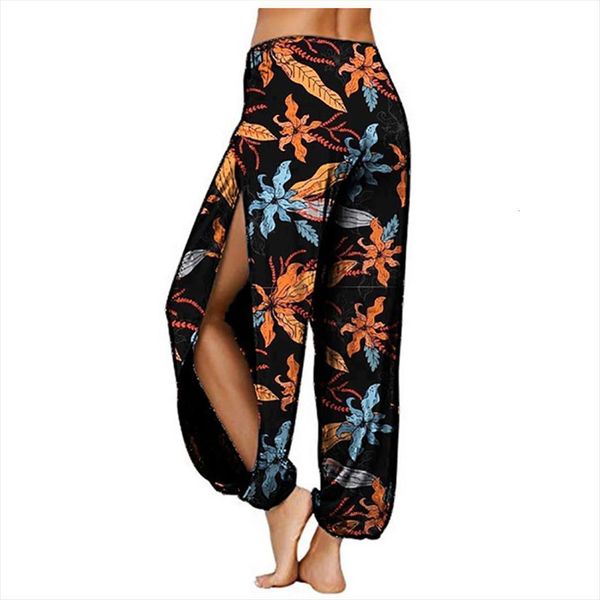 

bohemian floral print long womens capris mid waist vintage harem elastic boho beach trousers plus size 5xl w3, Black;white