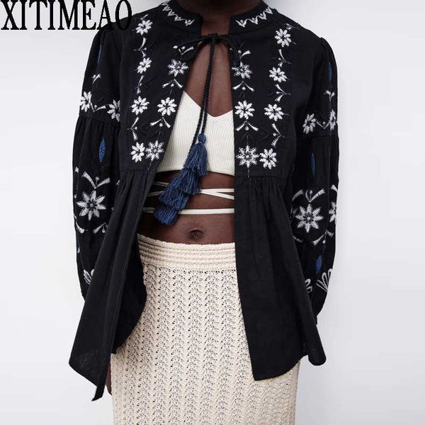 

za women autumn embroidered shirt coats spring casual long sleeve turndown o neck loose jacket overcoats 210604, Black;brown