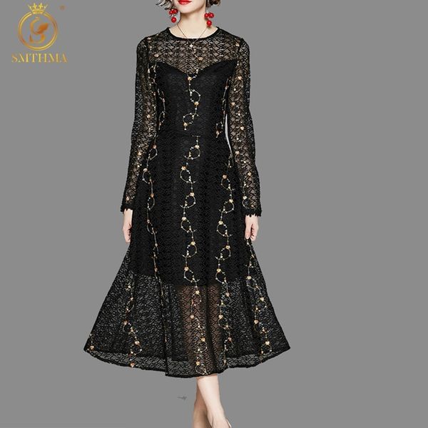 

casual dresses 2021 fashion designer spring black lace hollow out robe women o-neck embroidery floral high waist a-line midi f25s, Black;gray