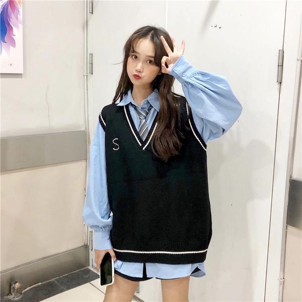 

knitted vest korean preppy style women sweaters vintage letter embroidery casual loose v neck sleeveless pullover t358, White;black