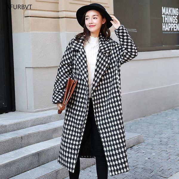 

women's wool & blends fashion plaid coat women winter 2021 houndstooth belt with pocket long autumn warm thick tweed overcoat female, Black