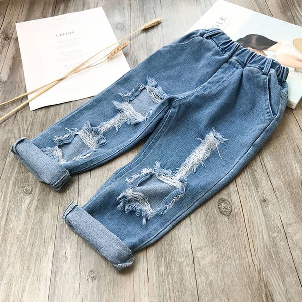 

fashion boys girls jeans spring children ripped casual kids denim pants toddler clothes 210515, Blue