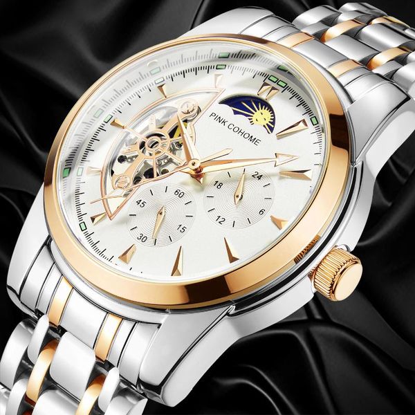 

wristwatches watches male 316l steel watchband mechanical clocks waterproof moonphase display heren horloge pink cohome, Slivery;brown