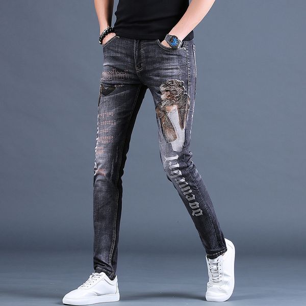 

men's jeans wholesale 2021 denim men's printed high-end light luxury jeans men's trendy brand slim feet casual pants stretc, Blue