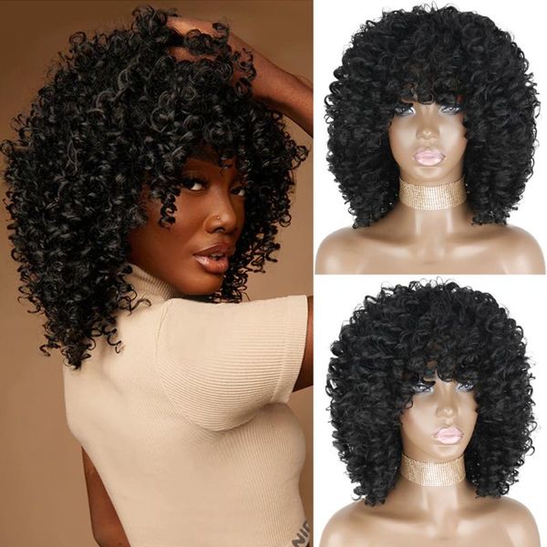 

synthetic wigs afro kinky curly wig with bangs short for black women blonde glueless cosplay hair high temperature