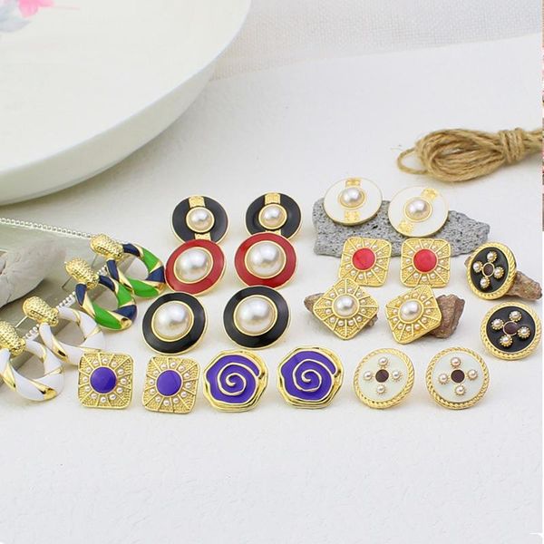 

stud ujbox factory wholesale small enamel earrings for women vintage geometric round zinc alloy green blue jewelry gift, Golden;silver