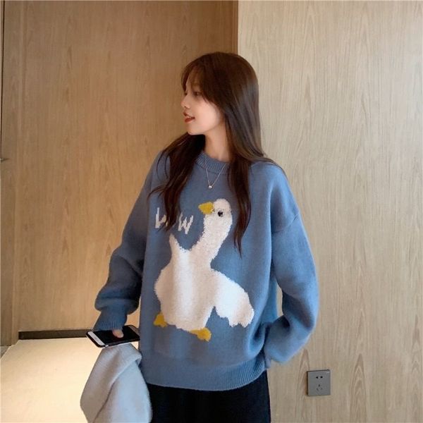 

casual o ne knitted sweater female korean version cartoon du letter sweater autumn winter long sleeve pullover jumper women, Black