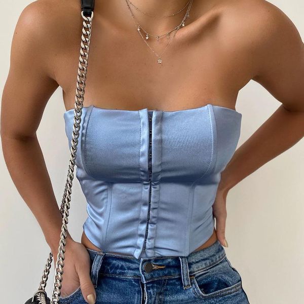

y2k silk satin tube corset strapless crop fron button sleeveless cami summer fashion club streetwear women clothing, White