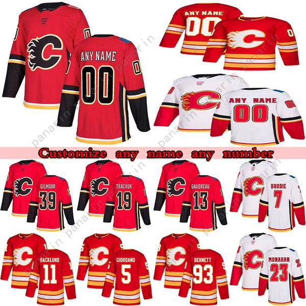 

custom calgary flames hockey jerseys 11 mikael backlund 19 matthew tkachuk 23 sean monahan 5 mark giordano any number and name, Black;red