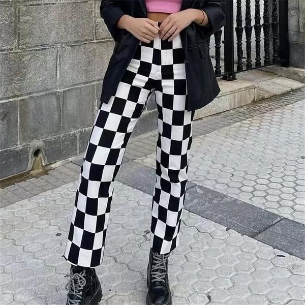 

women's pants & capris merodi chic lady elegant white&black plaid print long straight womens autumn casual high waist za trousers, Black;white