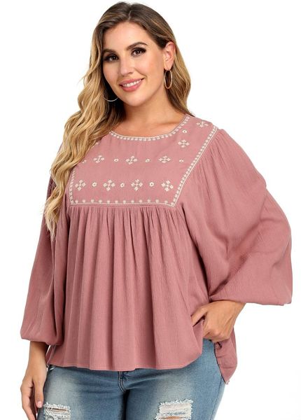 

women's blouses & shirts womens casual loose pleated long sleeve o-neck bohemian style embroidery shirt for spring and autumn, White