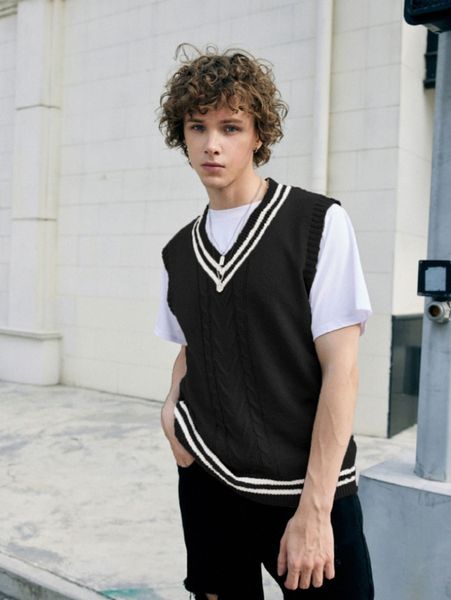 

romwe guys cable knit striped sweater vest without tee l1sf#, White;black