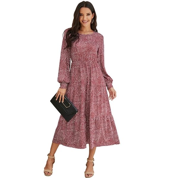 

autumn women's lantern sleeve round neck waist long dress fashion wavelet point casual bohemian pullover two colors 210522, Black;gray
