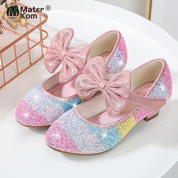 

sandals size 26-38 girls dancing shoes children high heel princess leather flower glitter butterfly knot kids, Black;red
