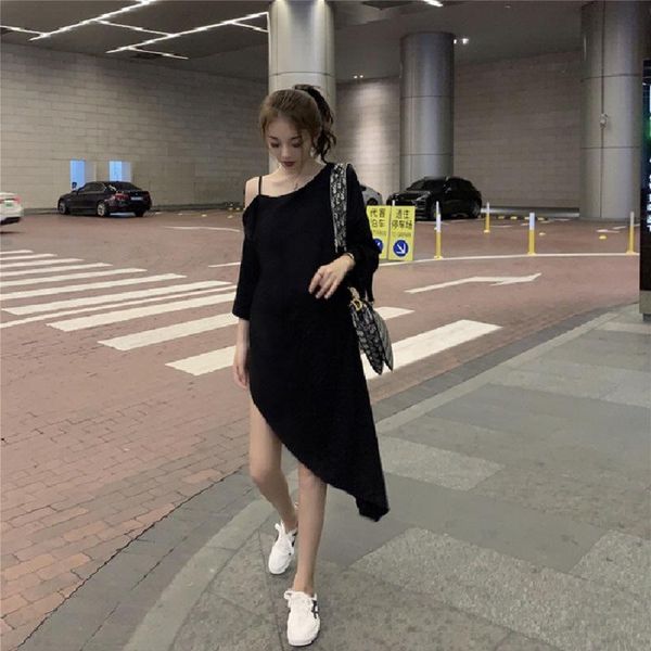 

women's t-shirt 2021 s wear solid sleeve fashion long dress irregular strapless casual summer student girl jacket, White