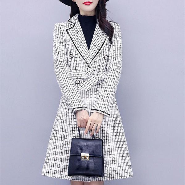

women's wool & blends hanzangl arrival 2021 winter woolen jacket mid-length belt waist plaid ladies temperament coat black/white