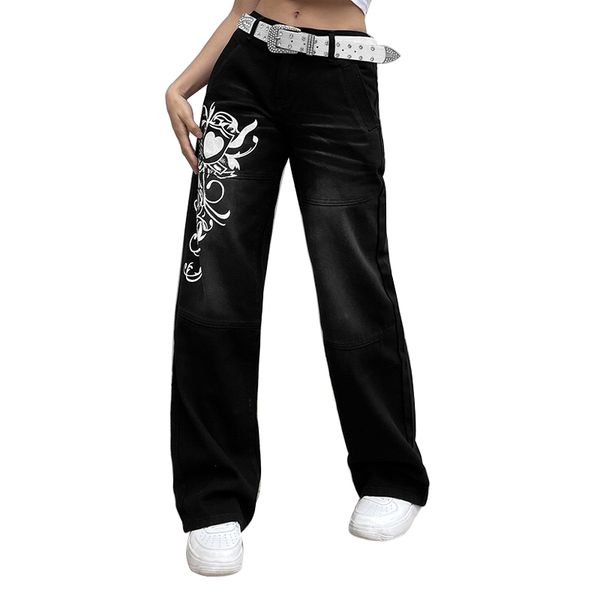 

women loose jeans casual wide leg straight trousers print long denim pants, Blue