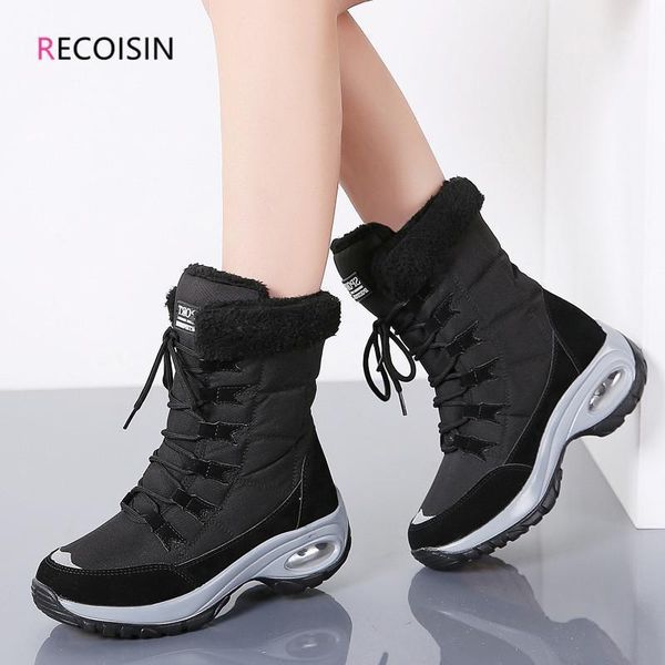 

boots recoisin winter women keep warm mid-calf snow lace-up comfortable ladies chaussure femme11, Black
