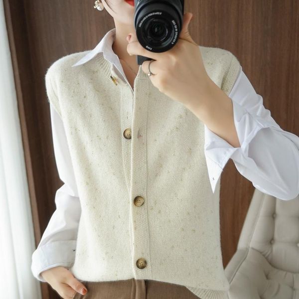 

women's knits & tees 100% pure wool vest o-neck cardigan casual knitted for autumn and winter short-sleeved t-shirt waistcoat, White