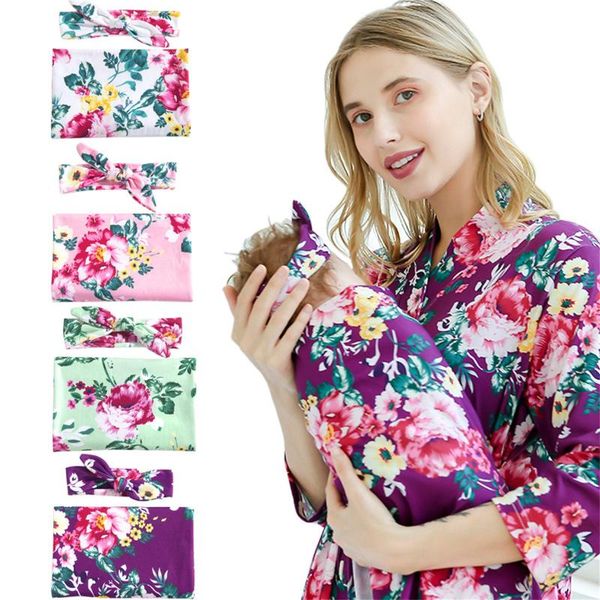 

blankets & swaddling soft cotton infant swaddle 2pcs floral rpinting muslin blanket born baby wrap sleeping bag headband outfit