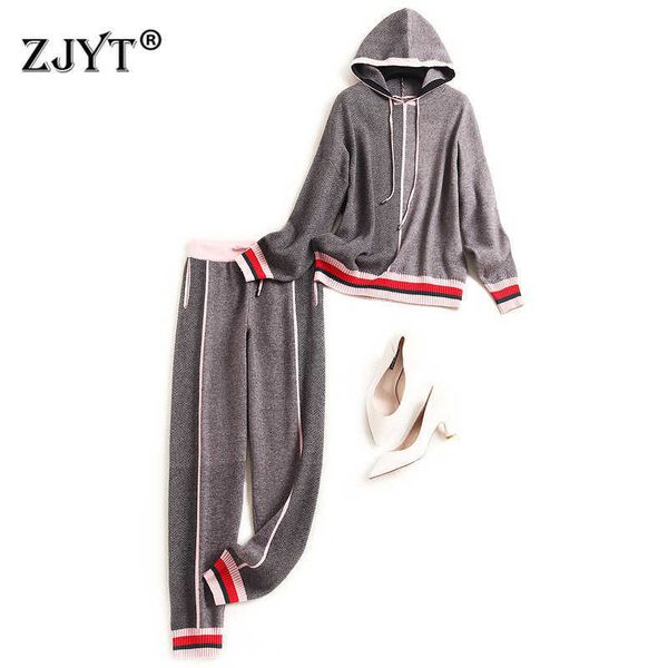 

women casual tracksuit set autumn suits fashion long sleeve pullover hooded knit and pants 2 piece set lady outfits 210601, White
