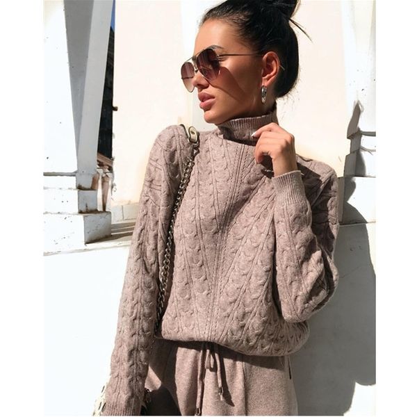 

women's two piece pants autumn winter knitted turtleneck tracksuit for women casual trousers+turtleneck sweater suit warm female t, White