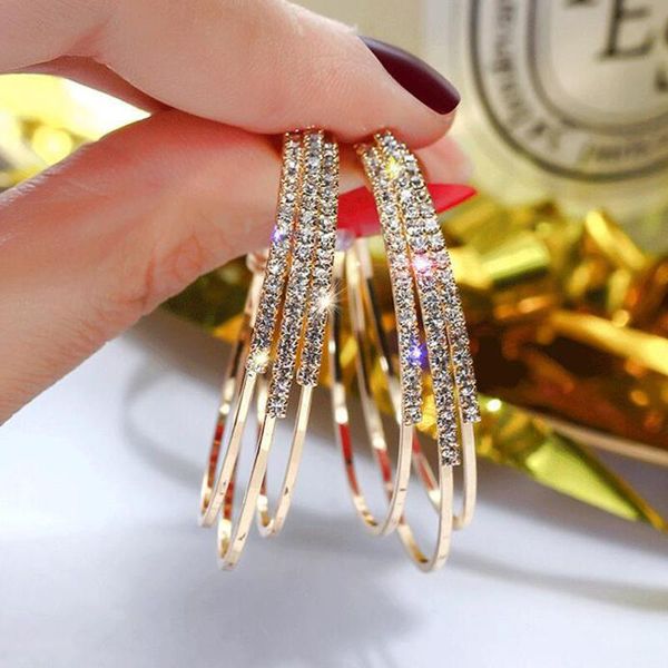 

hoop huggie exaggerated rhinestone shiny circle earrings large round for women brincos fashion jewelry accessories 2021, Golden;silver