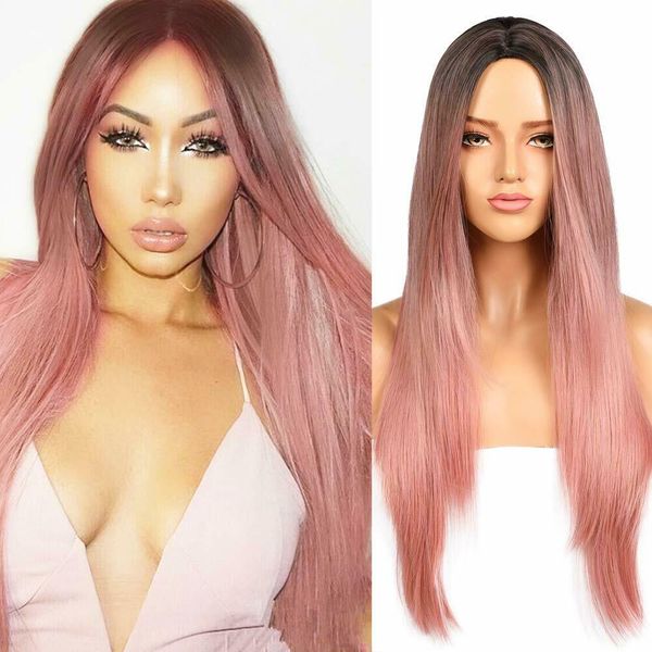 

ombre pink long straight synthetic wigs natural heat resistant cosplay full wigs, Black