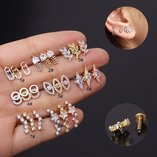 

1piece piercing internal rod stud earrings for women 2021 jewelry diameter 1.2mm fish eye leaf earring studs wholesale, Golden;silver