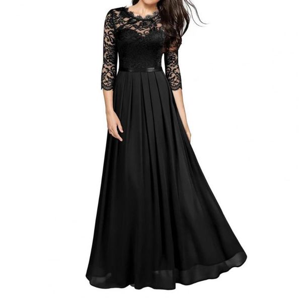 

casual dresses soft chiffon stitching lace women's 2021 summer fashion round neck elegant temperament hollow long, Black;gray