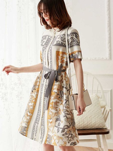 

casual dresses animal tree print heavy silk dress short sleeve line female mulberry b55u, Black;gray
