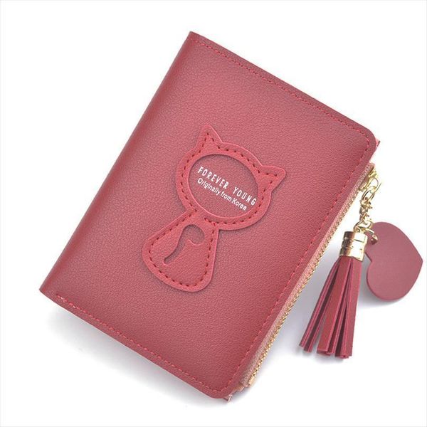 

womens wallet short tassel simple style female purse leather cat mini zipper small credit card holder coin cartera, Red;black