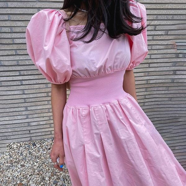 

party dresses [ewq] korea chic puff sleeve loose casual ladies robe 2021 summer product printed dress trendy clothing vestido yellow 16w70, White;black