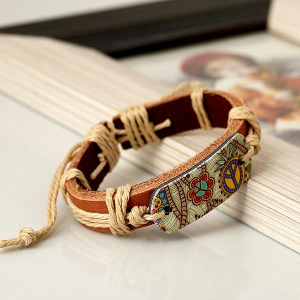 

charm bracelets lacoogh vintage ethnic boho retro rope leather men women peace sign bracelet bangles fashion hand-woven jewelry, Golden;silver