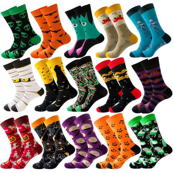 

women middle tube cotton socks soft hosiery halloween fashion printed sock skeleton alien pumpkin monster bat, Black;white
